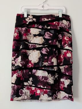 Floral Tiered Black & Burgundy Midi Skirt